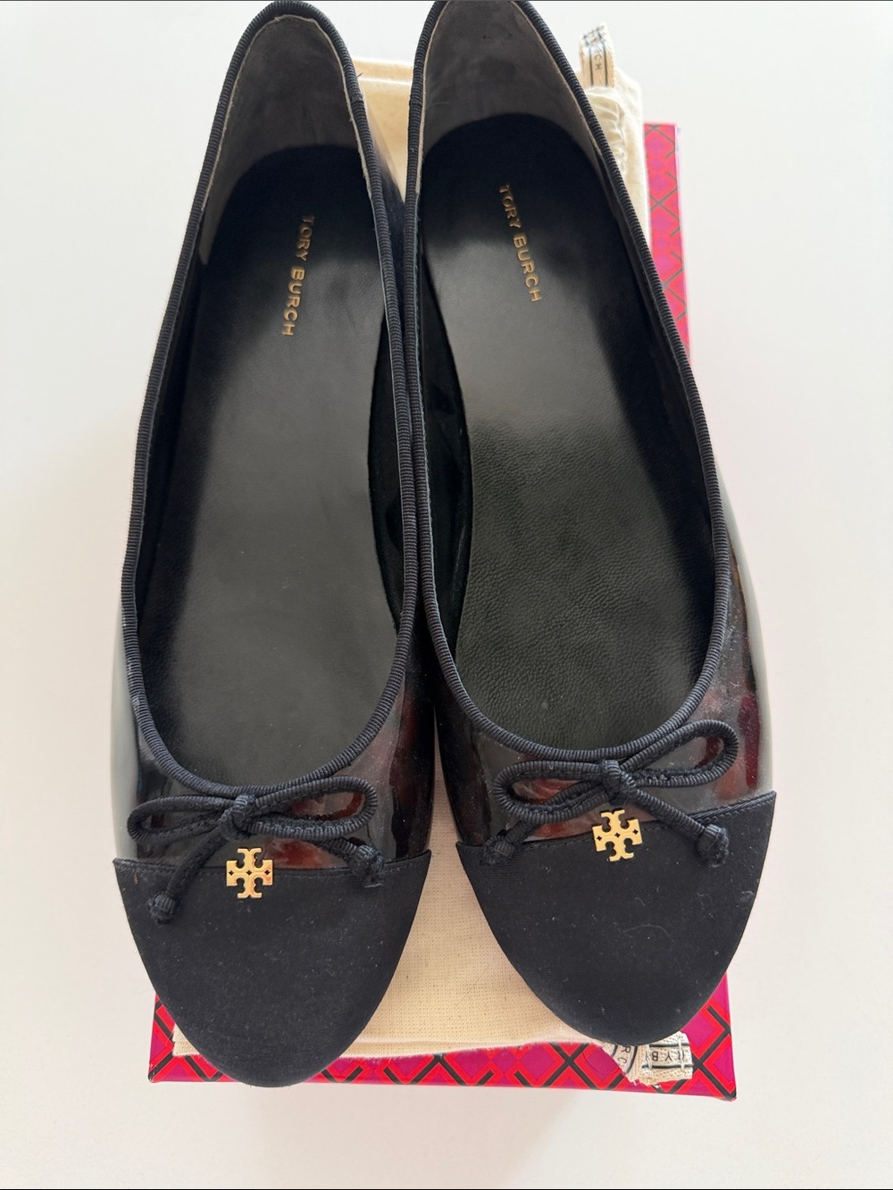 Tory Burch tortoise and black cap Bow Ballet Flats with Gold Logo